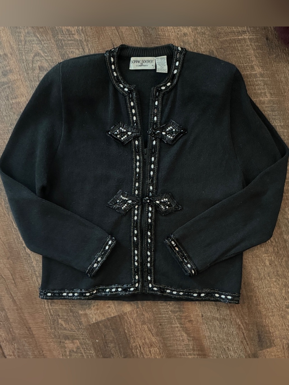 Bonnie Boerer Vintage Beaded Zip Up Cardigan Jacket S Black Knit Rare Find